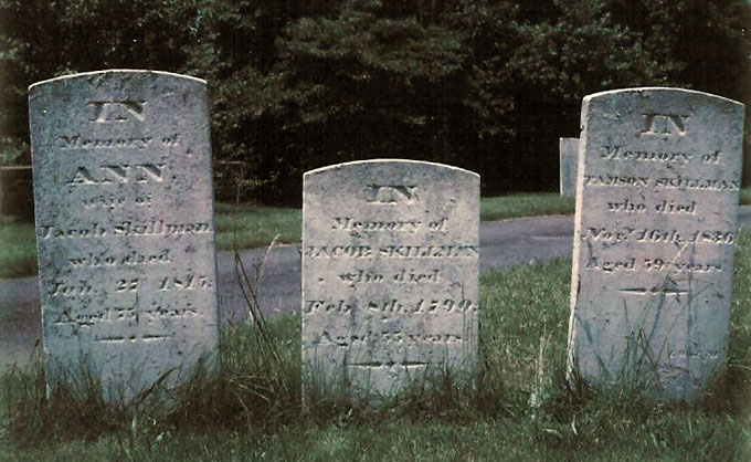 Jacob, Ann & Tamson Skillman gravestones in 1972.jpg
