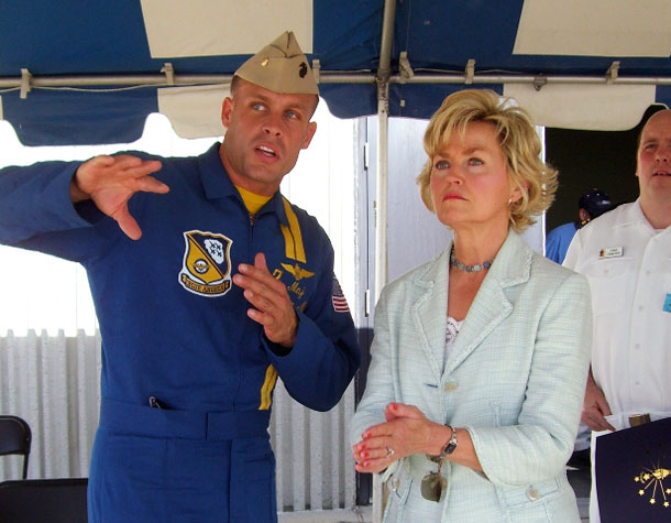 Lt. Gov. Becky Skillman with Navy Blue Angel #7 Maj. Nathan Miller